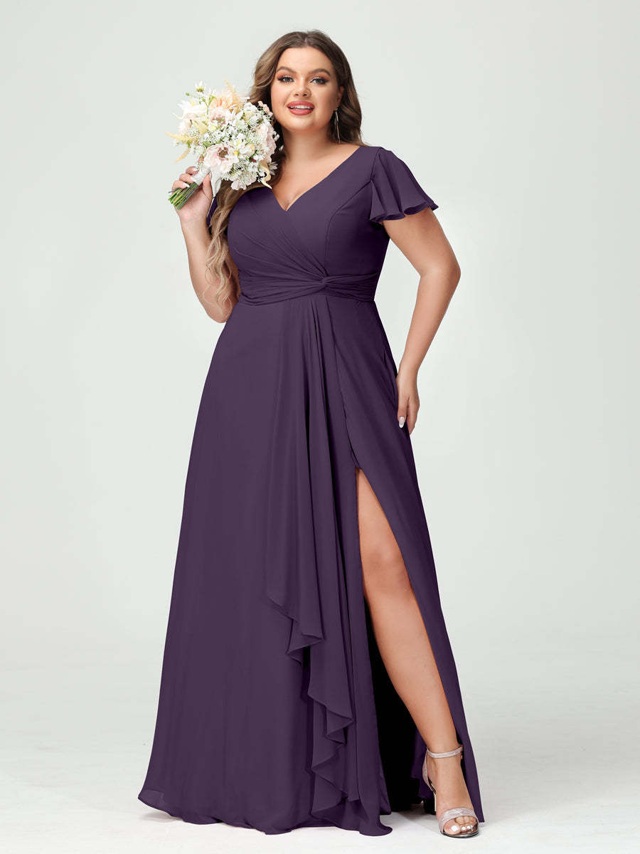 A Line Princess V Neck Short Sleeves Chiffon Ruffles Split Side Plus Size Bridesmaid Dresses with Pockets
