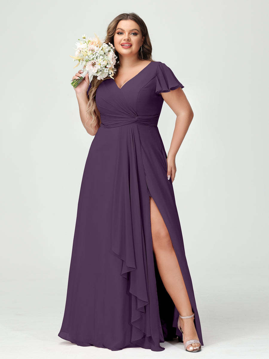 A Line Princess V Neck Short Sleeves Chiffon Ruffles Split Side Plus Size Bridesmaid Dresses with Pockets