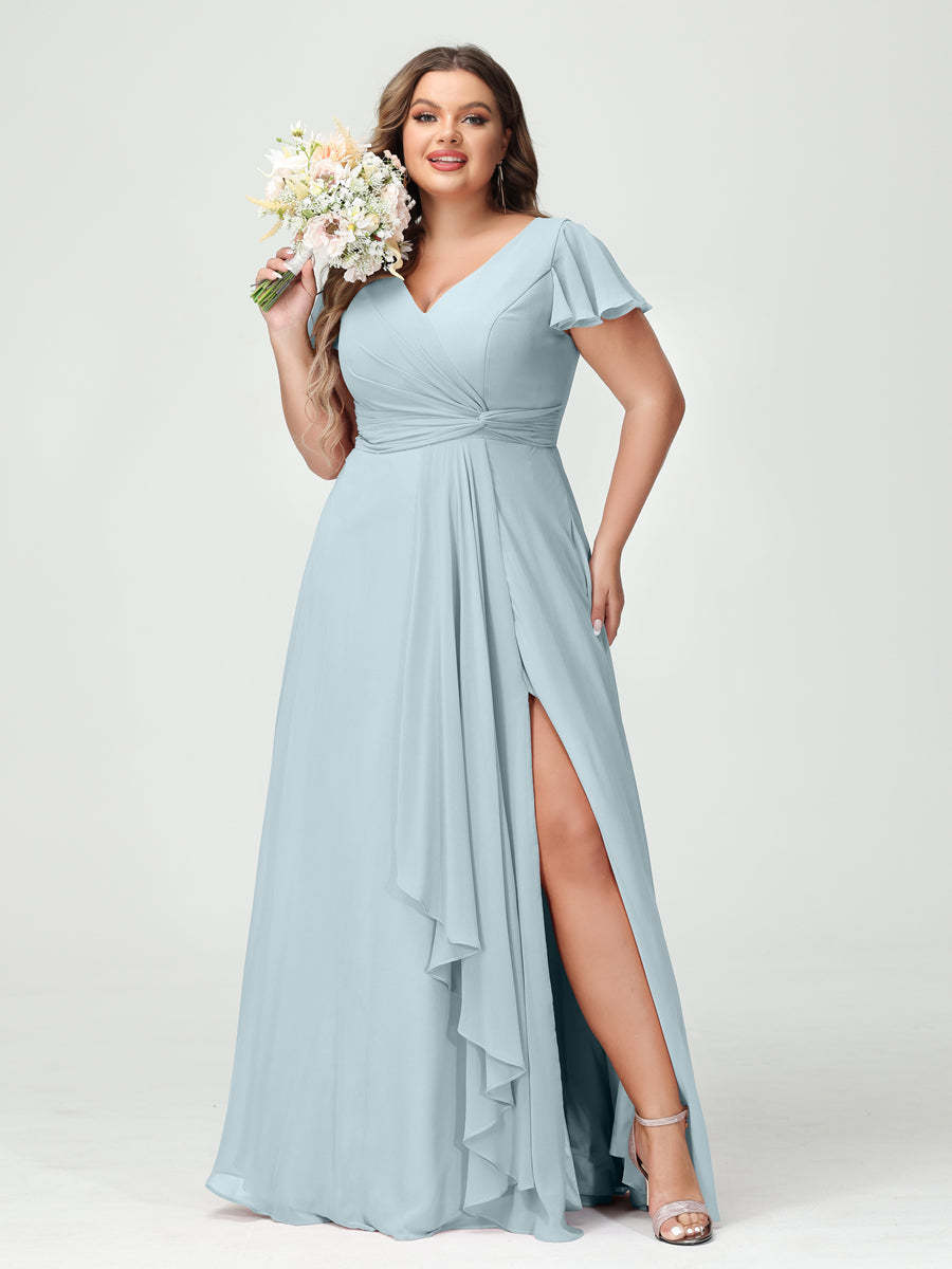 A Line Princess V Neck Short Sleeves Chiffon Ruffles Split Side Plus Size Bridesmaid Dresses with Pockets