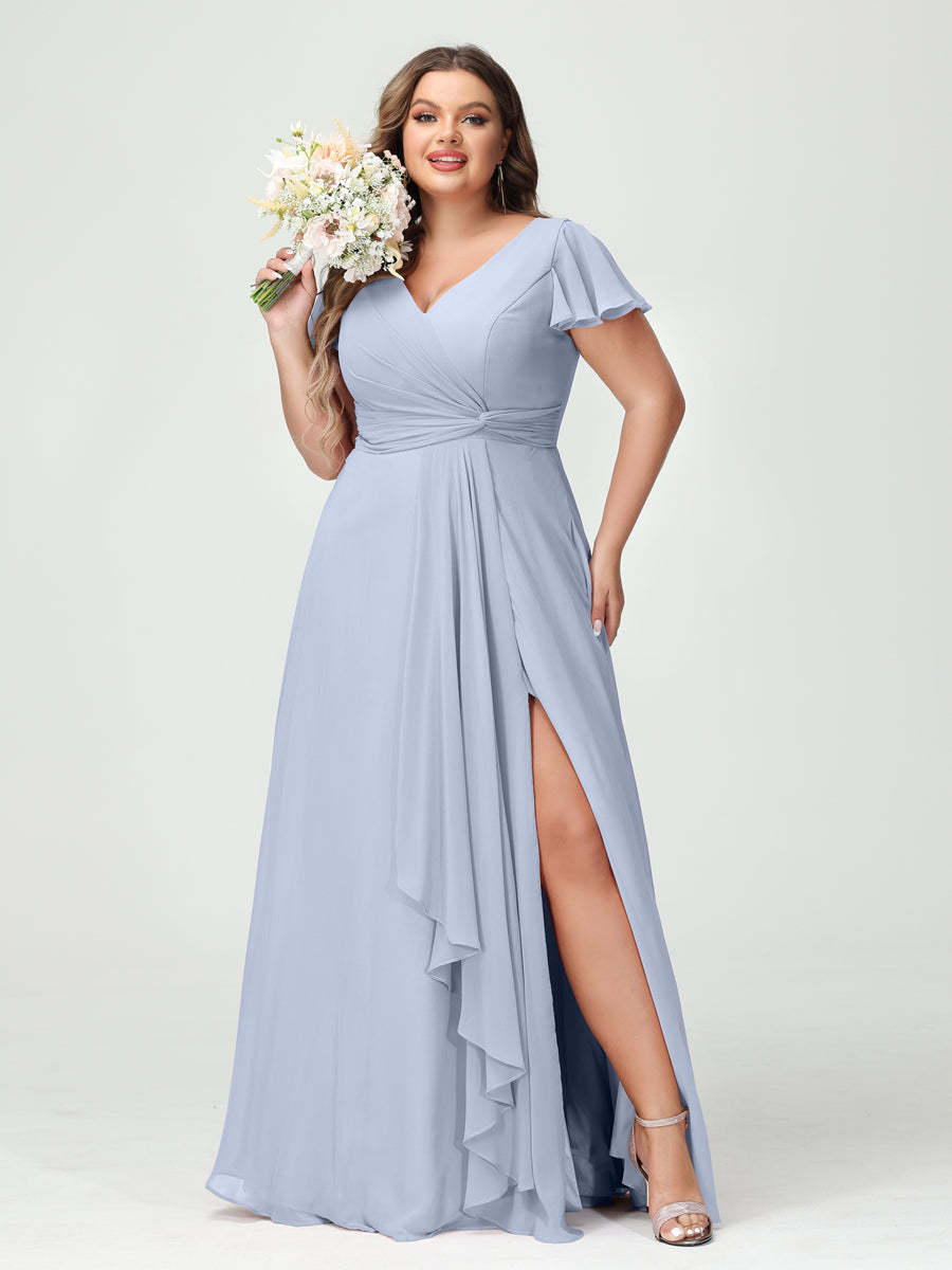 A Line Princess V Neck Short Sleeves Chiffon Ruffles Split Side Plus Size Bridesmaid Dresses with Pockets