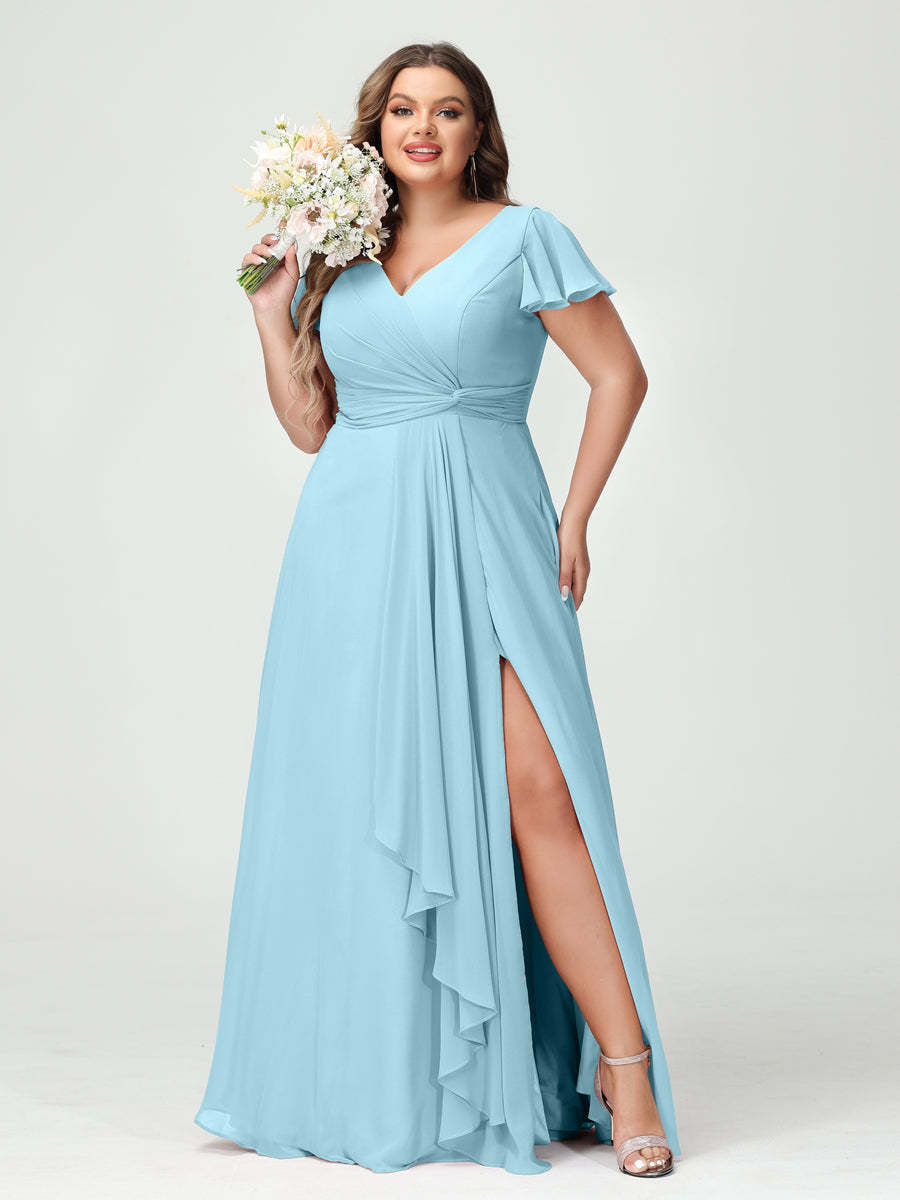 A Line Princess V Neck Short Sleeves Chiffon Ruffles Split Side Plus Size Bridesmaid Dresses with Pockets