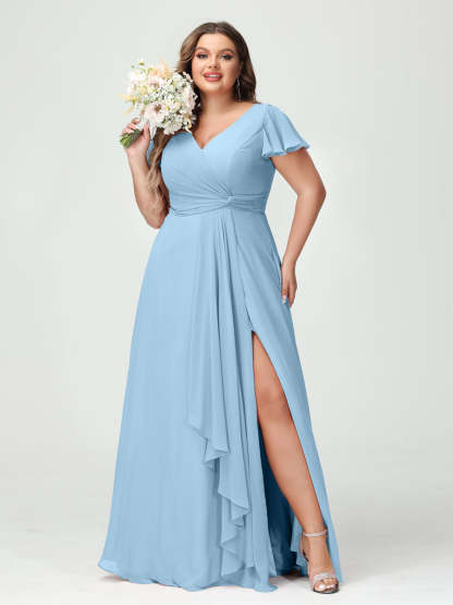 A Line Princess V Neck Short Sleeves Chiffon Ruffles Split Side Plus Size Bridesmaid Dresses with Pockets