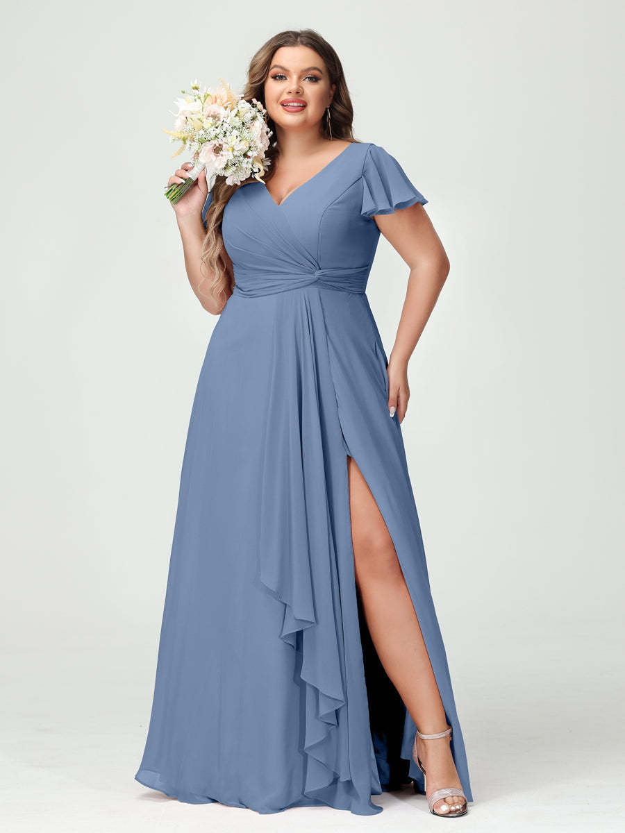A Line Princess V Neck Short Sleeves Chiffon Ruffles Split Side Plus Size Bridesmaid Dresses with Pockets