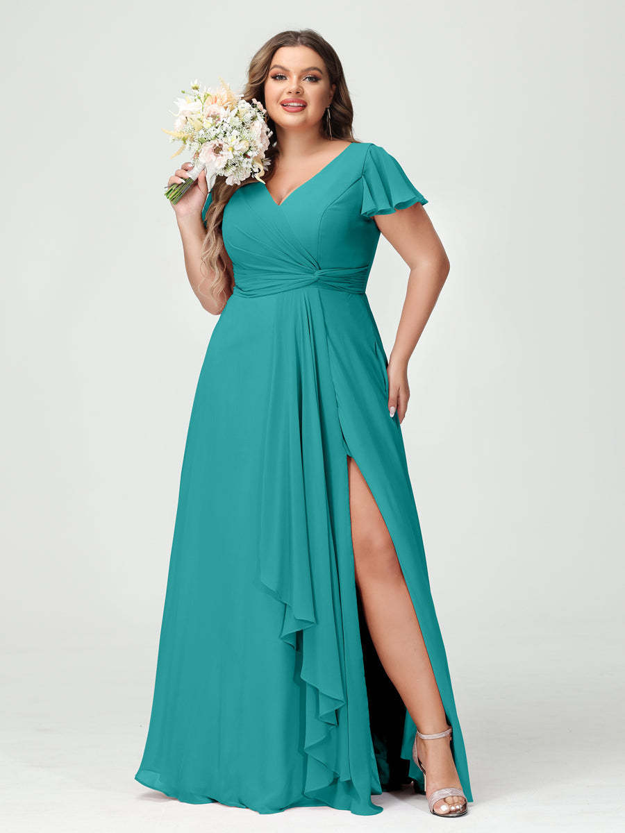 A Line Princess V Neck Short Sleeves Chiffon Ruffles Split Side Plus Size Bridesmaid Dresses with Pockets