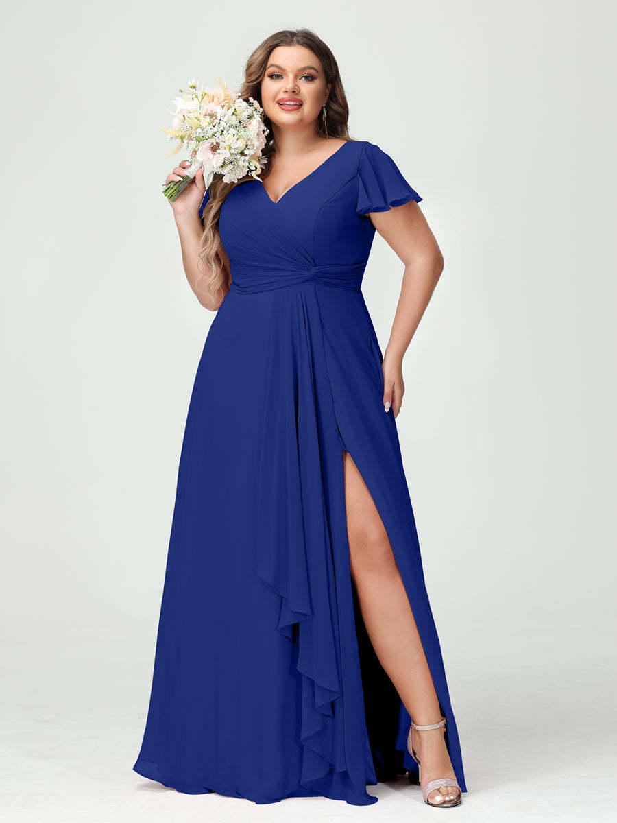 A Line Princess V Neck Short Sleeves Chiffon Ruffles Split Side Plus Size Bridesmaid Dresses with Pockets
