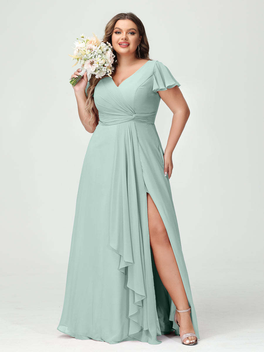 A Line Princess V Neck Short Sleeves Chiffon Ruffles Split Side Plus Size Bridesmaid Dresses with Pockets