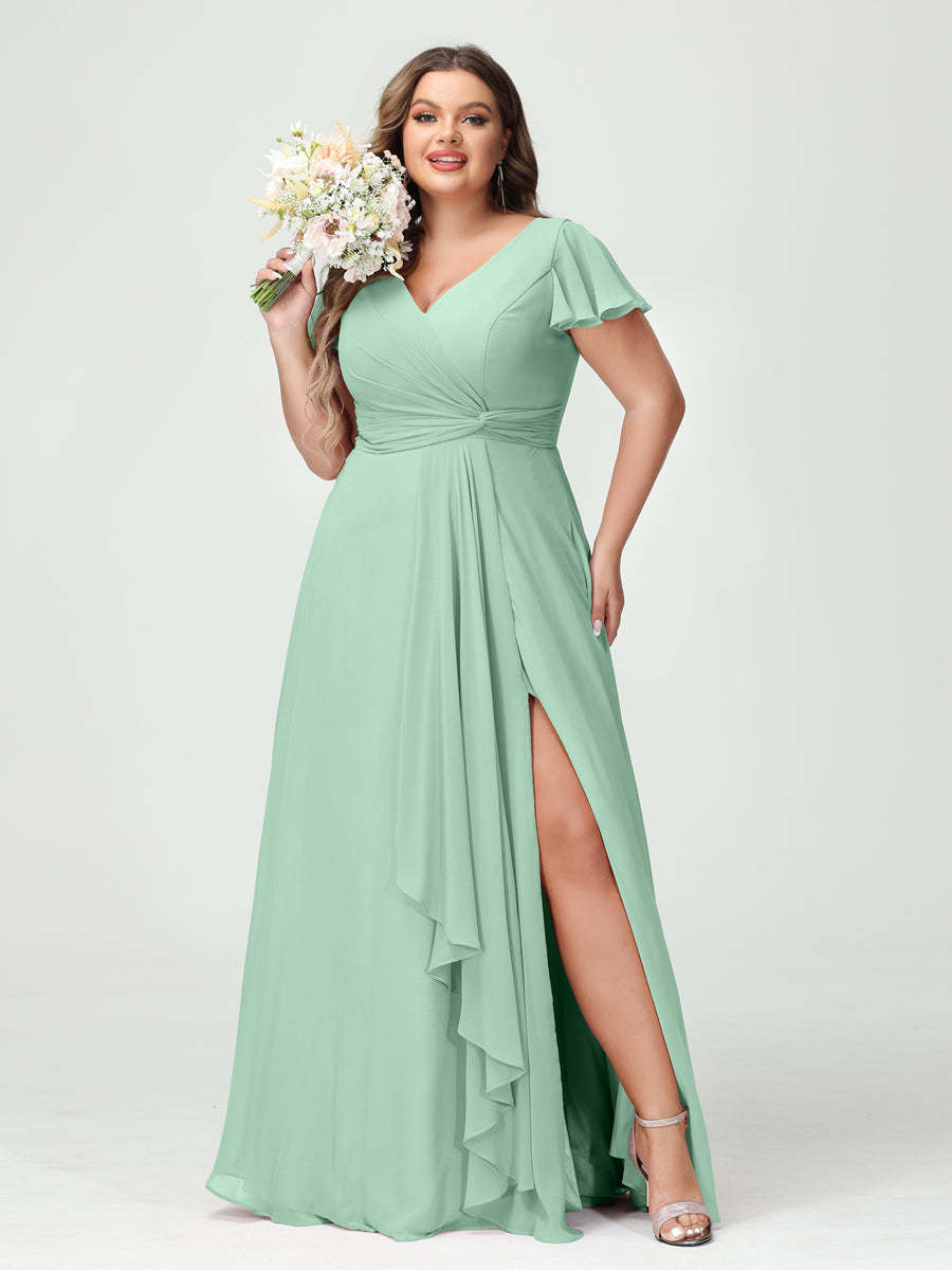 A Line Princess V Neck Short Sleeves Chiffon Ruffles Split Side Plus Size Bridesmaid Dresses with Pockets