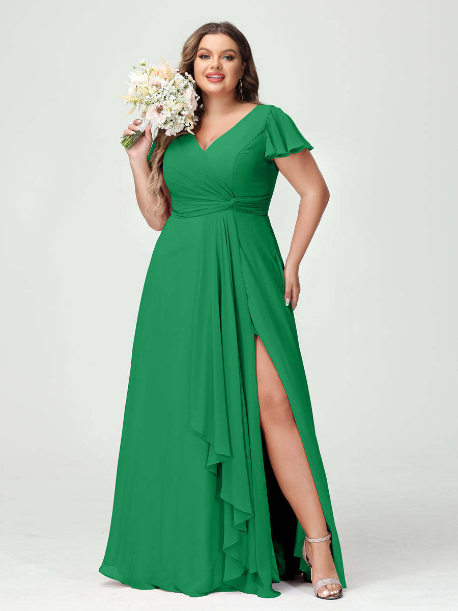A Line Princess V Neck Short Sleeves Chiffon Ruffles Split Side Plus Size Bridesmaid Dresses with Pockets