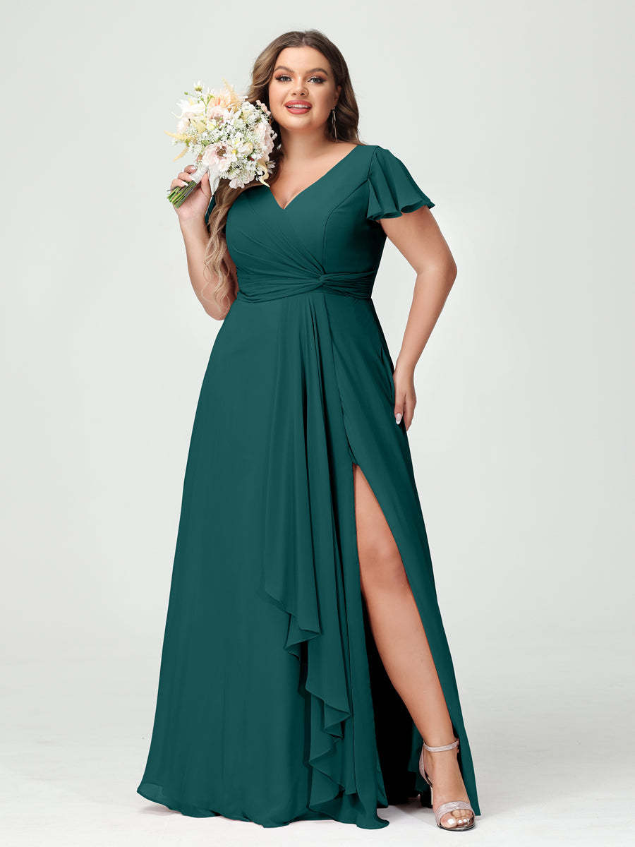 A Line Princess V Neck Short Sleeves Chiffon Ruffles Split Side Plus Size Bridesmaid Dresses with Pockets