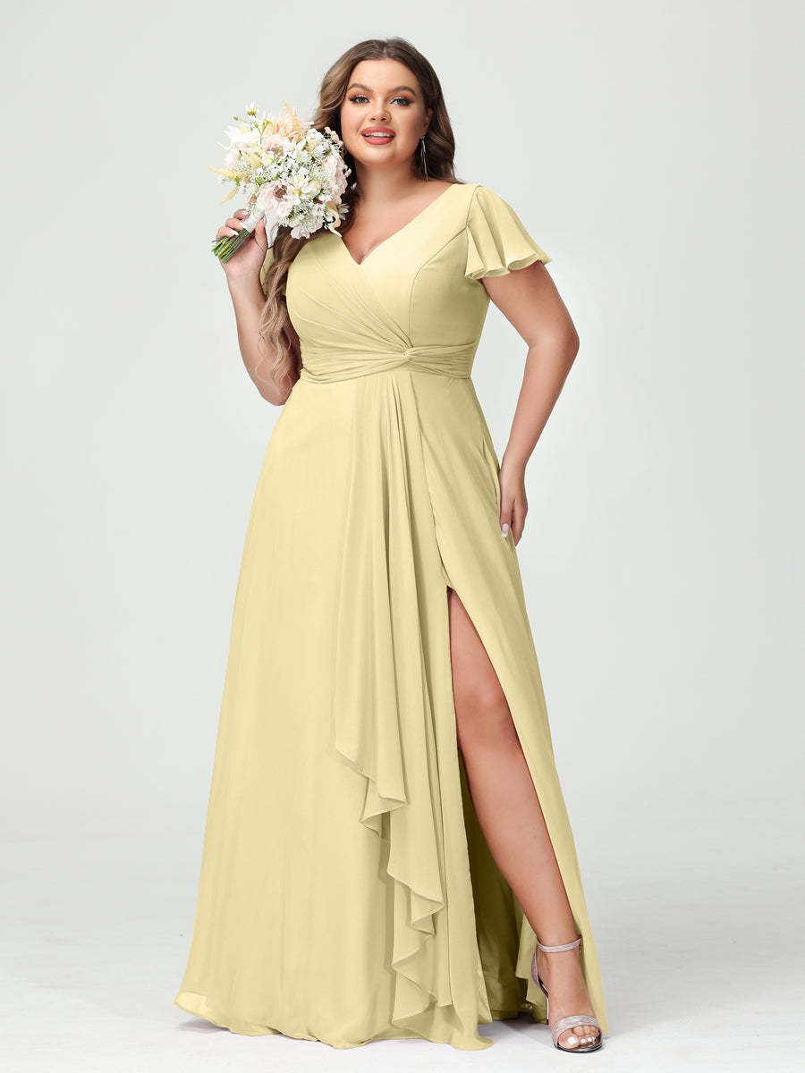 A Line Princess V Neck Short Sleeves Chiffon Ruffles Split Side Plus Size Bridesmaid Dresses with Pockets