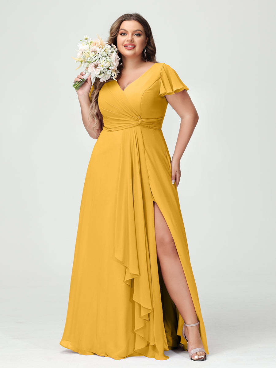 A Line Princess V Neck Short Sleeves Chiffon Ruffles Split Side Plus Size Bridesmaid Dresses with Pockets