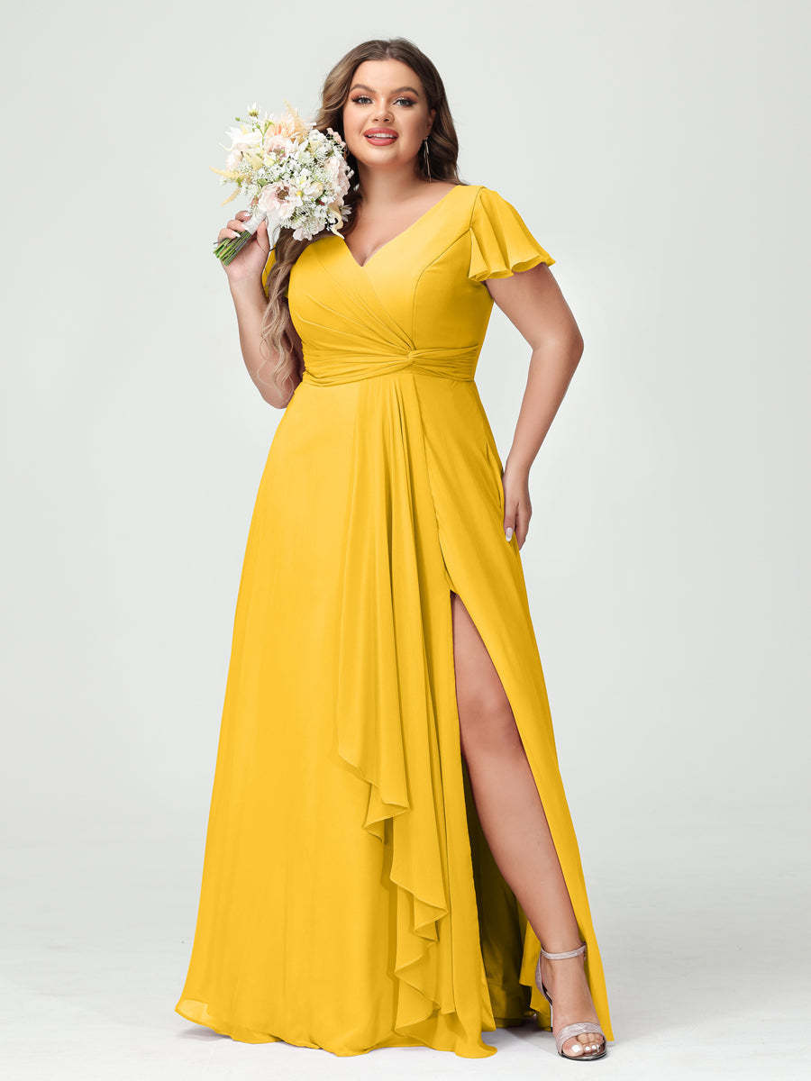 A Line Princess V Neck Short Sleeves Chiffon Ruffles Split Side Plus Size Bridesmaid Dresses with Pockets