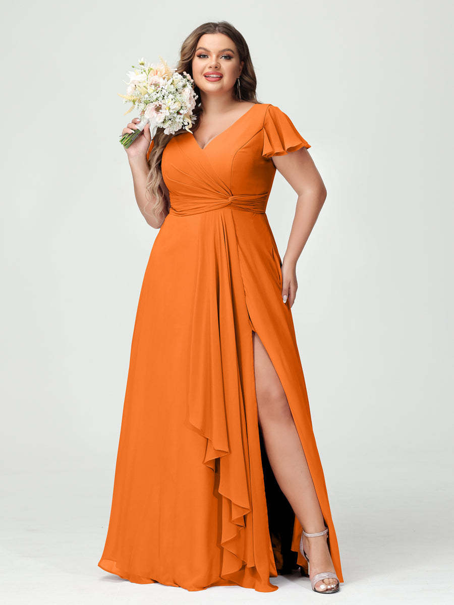 A Line Princess V Neck Short Sleeves Chiffon Ruffles Split Side Plus Size Bridesmaid Dresses with Pockets