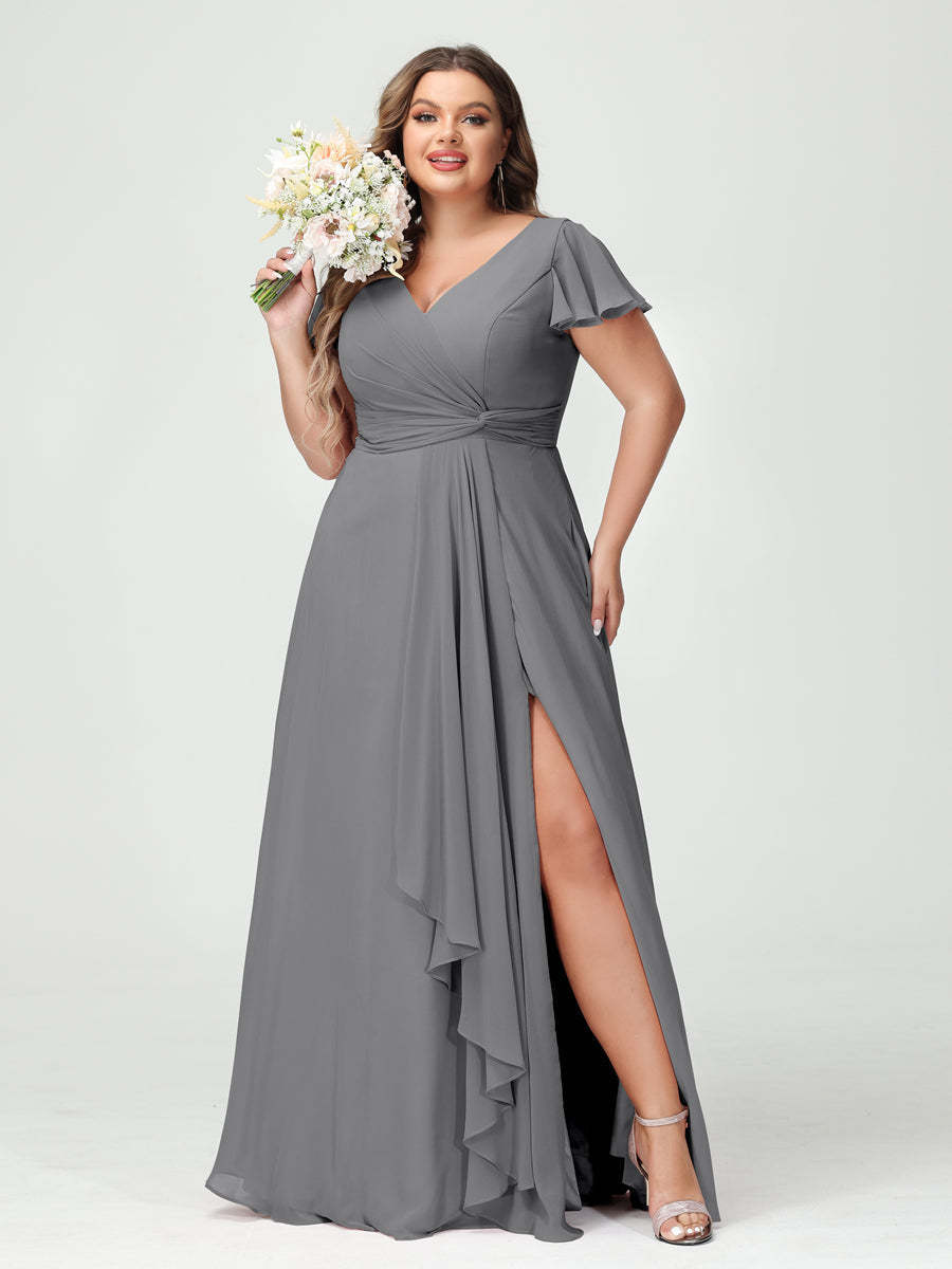 A Line Princess V Neck Short Sleeves Chiffon Ruffles Split Side Plus Size Bridesmaid Dresses with Pockets