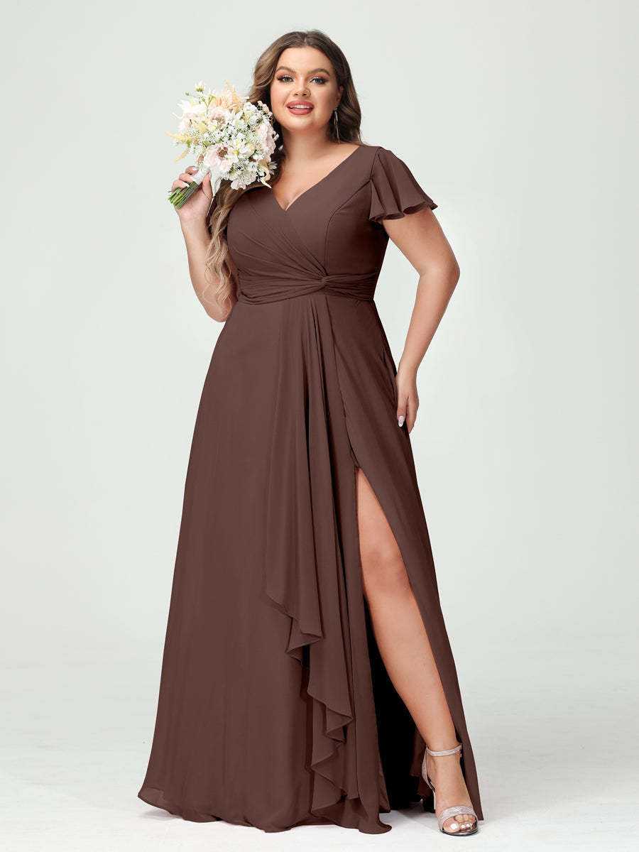 A Line Princess V Neck Short Sleeves Chiffon Ruffles Split Side Plus Size Bridesmaid Dresses with Pockets