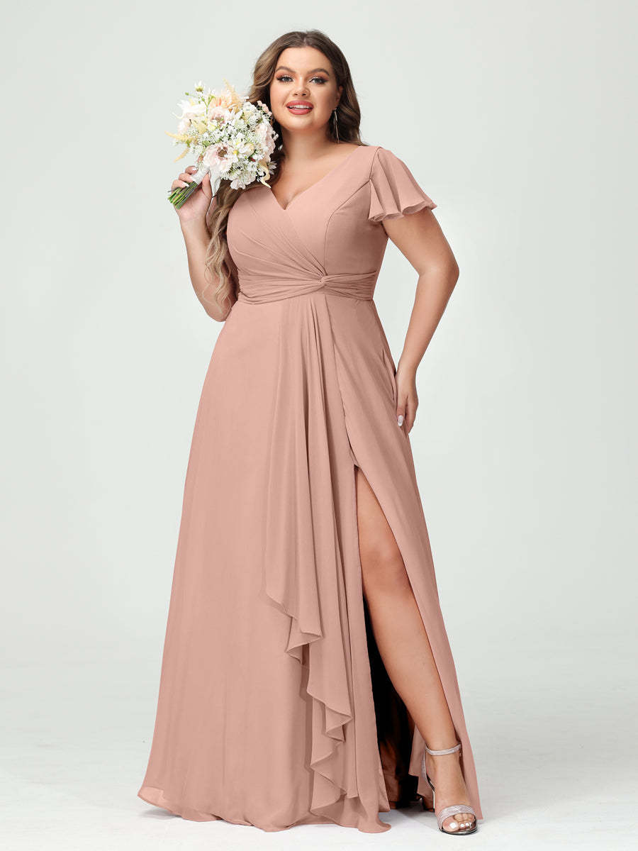 A Line Princess V Neck Short Sleeves Chiffon Ruffles Split Side Plus Size Bridesmaid Dresses with Pockets