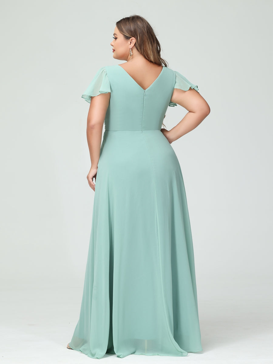 A Line Princess V Neck Short Sleeves Chiffon Split Side Plus Size Bridesmaid Dresses with Pockets