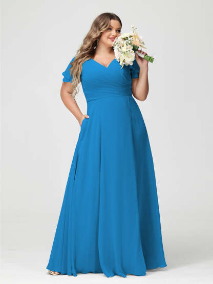 A Line Princess V Neck Short Sleeves Chiffon Split Side Plus Size Bridesmaid Dresses with Pockets