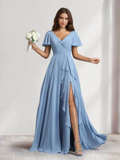 A Line Princess V Neck Short Sleeves Floor Length Bridesmaid Dresses With Ruffles Split Side