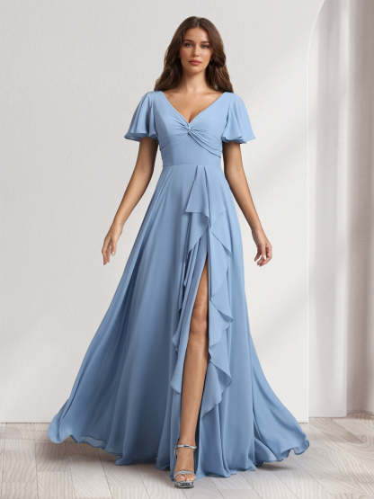 A Line Princess V Neck Short Sleeves Floor Length Bridesmaid Dresses With Ruffles Split Side