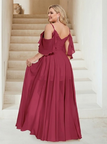 A Line Princess V Neck Short Sleeves Floor Length Chiffon Plus Size Bridesmaid Dresses with Ruffles