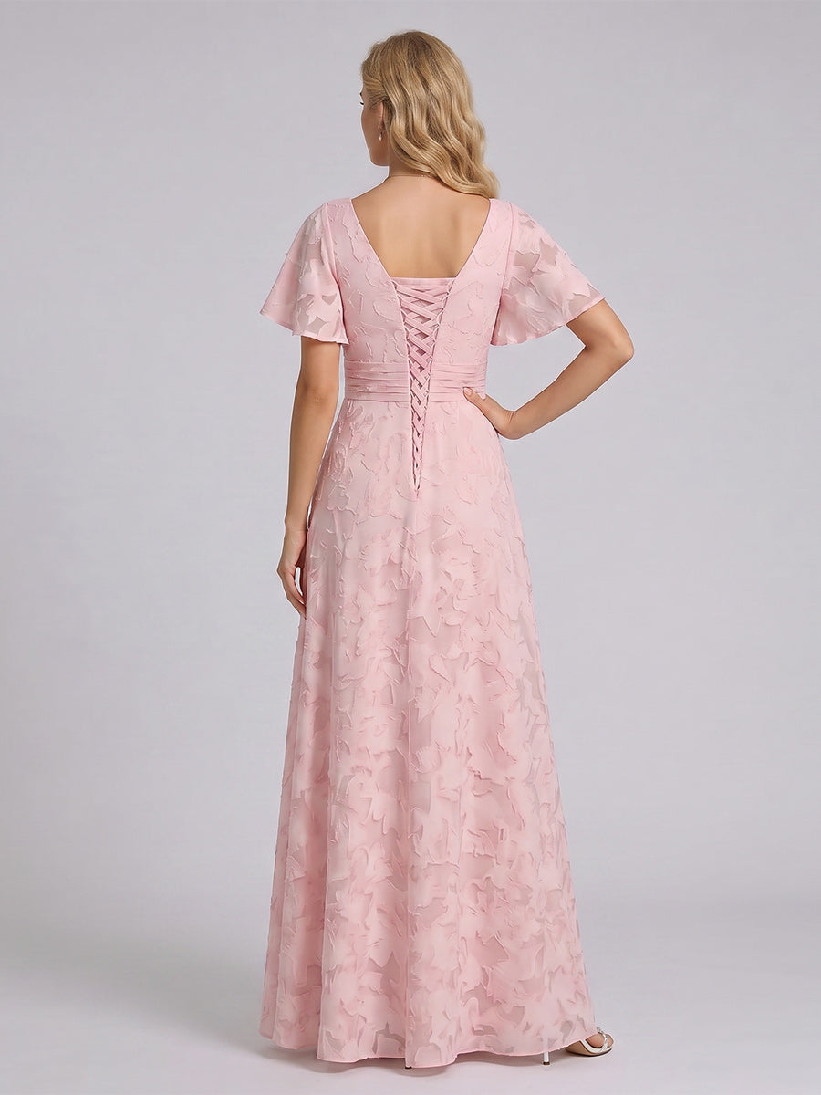 A Line Princess V Neck Short Sleeves Floor Length Long Bridesmaid Dresses with Ruffles