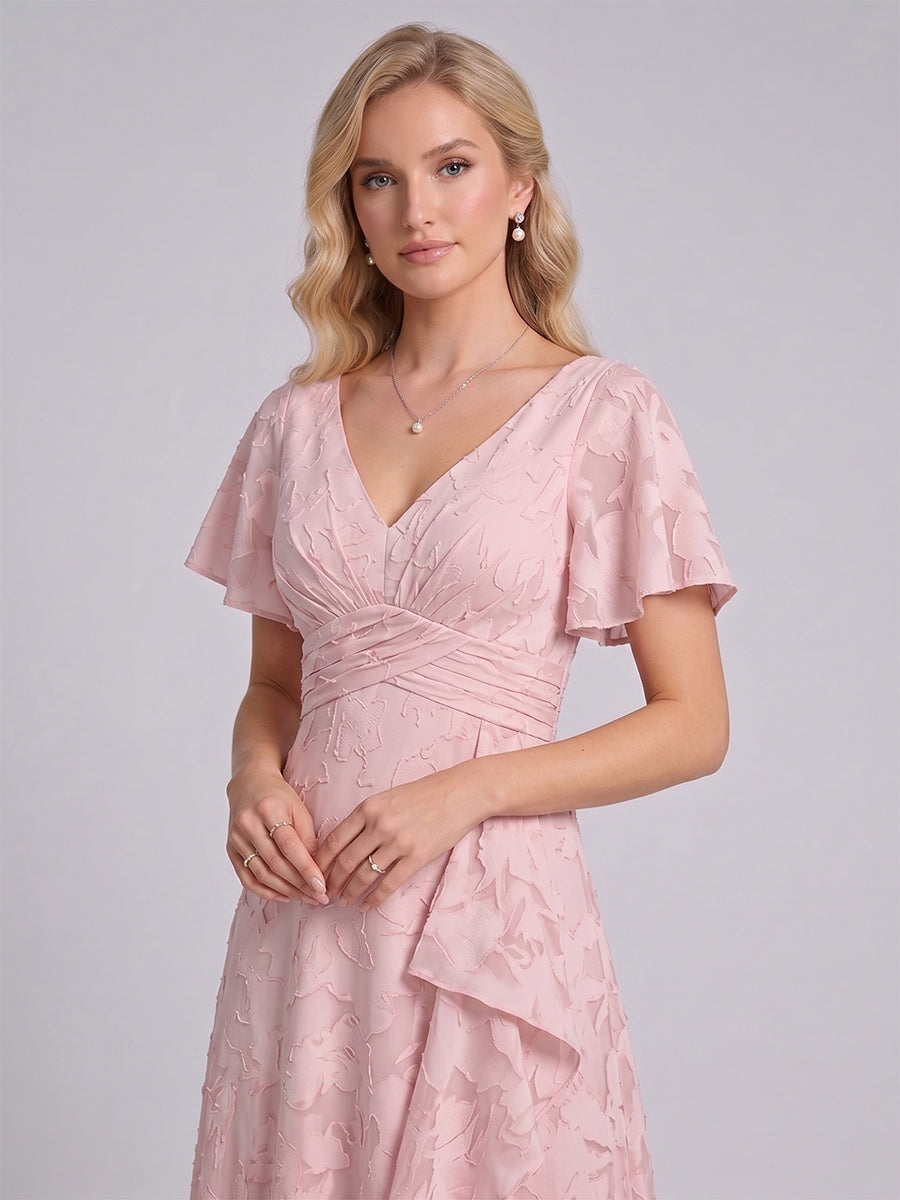 A Line Princess V Neck Short Sleeves Floor Length Long Bridesmaid Dresses with Ruffles
