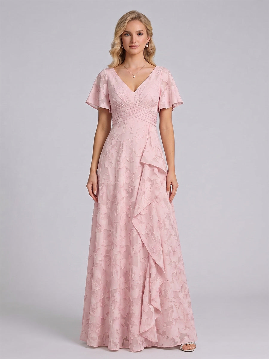 A Line Princess V Neck Short Sleeves Floor Length Long Bridesmaid Dresses with Ruffles