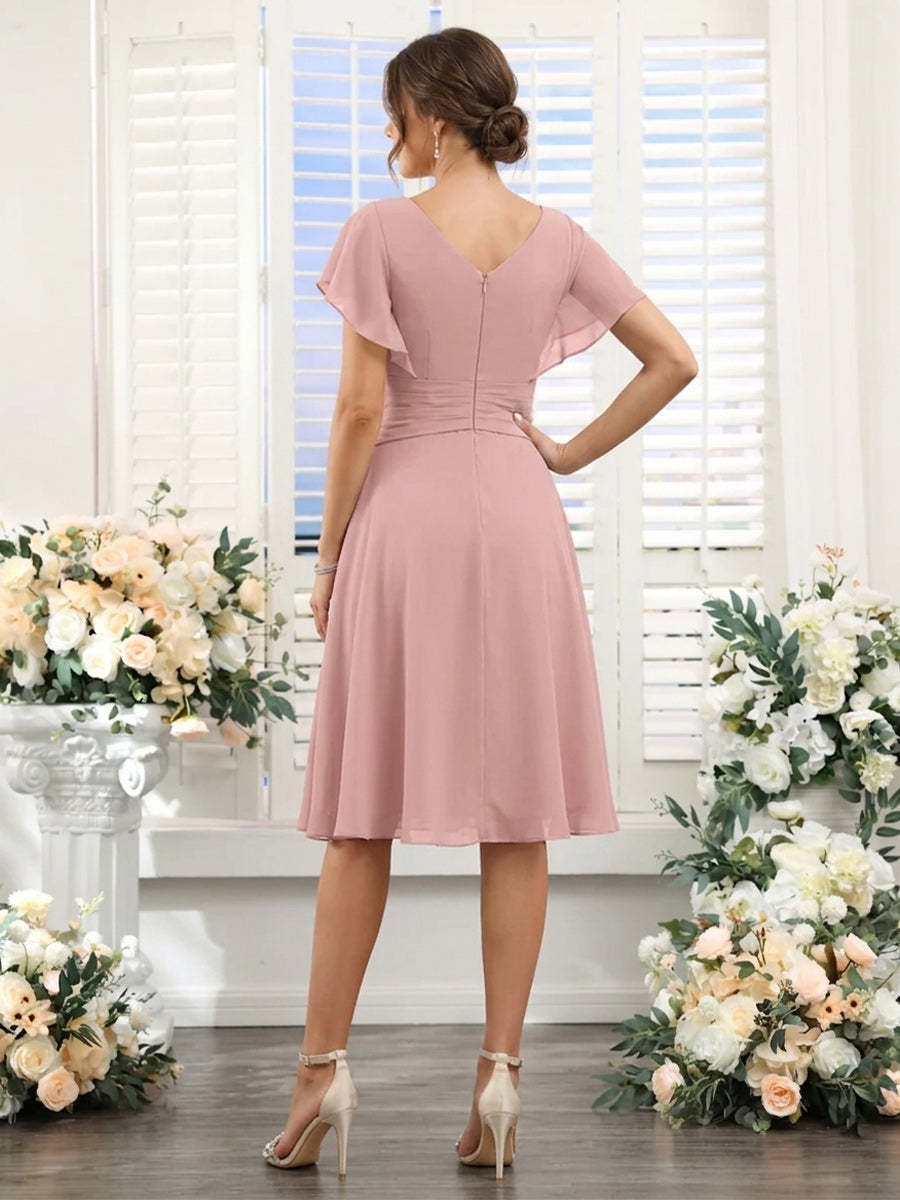 A Line Princess V Neck Short Sleeves Knee Length Bridesmaid Dresses with Ruffles