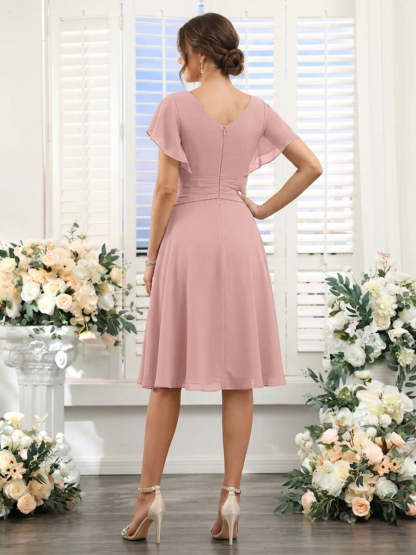 A Line Princess V Neck Short Sleeves Knee Length Bridesmaid Dresses with Ruffles