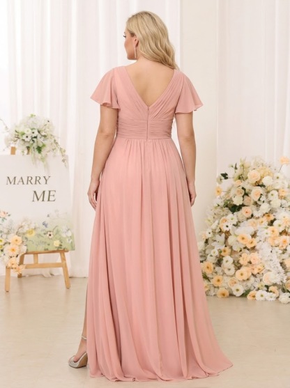 A Line Princess V Neck Short Sleeves Long Plus Size Bridesmaid Dresses with Split Side