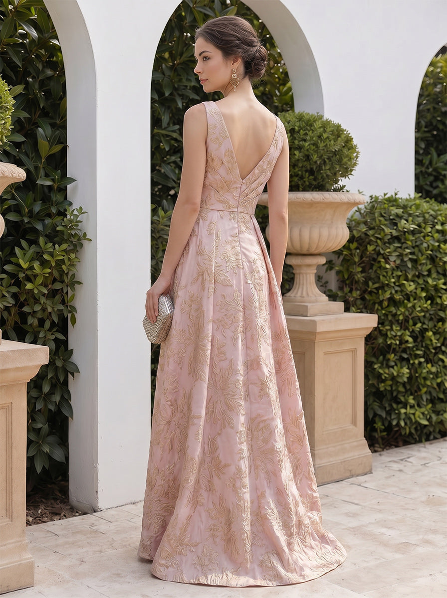 A Line Princess V Neck Sleeveless Asymmetrical Long Bridesmaid Dresses with Ruched