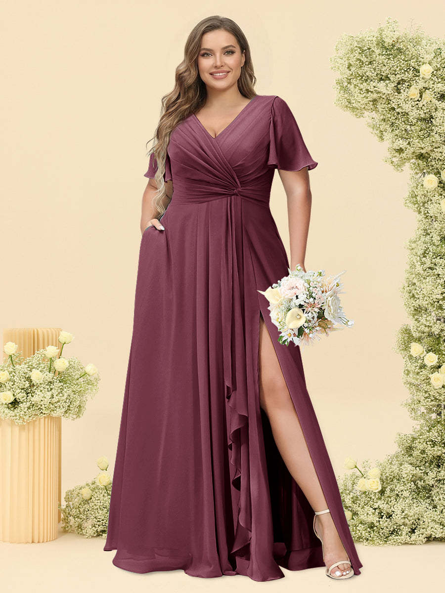 A Line Princess V Neck Sleeveless Chiffon Plus Size Bridesmaid Dresses with Pockets