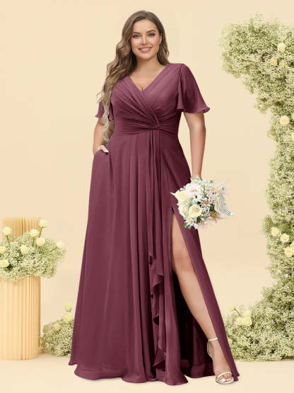 A Line Princess V Neck Sleeveless Chiffon Plus Size Bridesmaid Dresses with Pockets