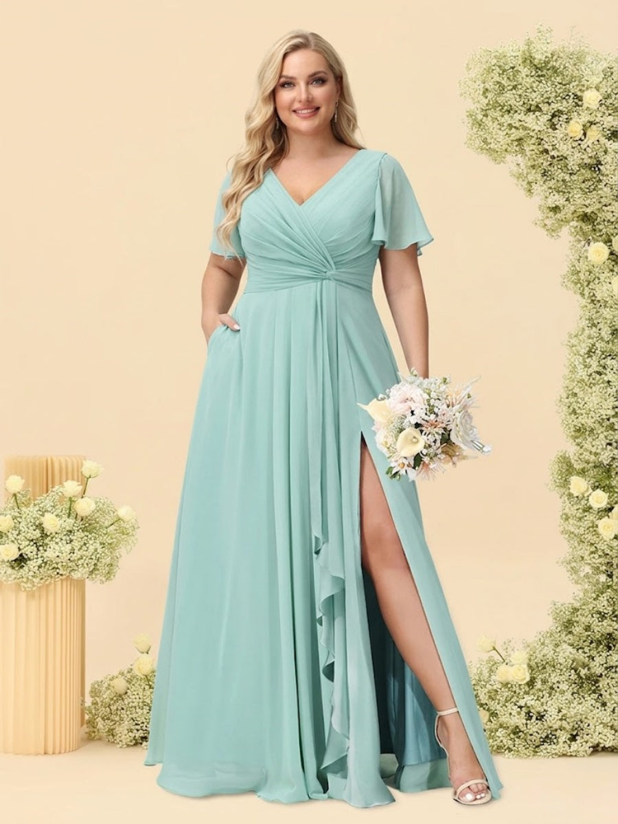 A Line Princess V Neck Sleeveless Chiffon Plus Size Bridesmaid Dresses with Pockets
