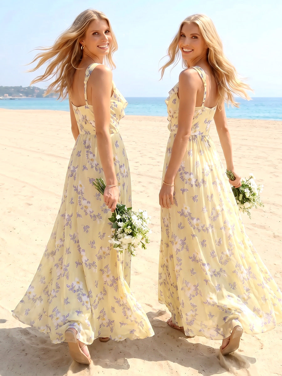 A Line Princess V Neck Sleeveless Floor Length Bridesmaid Dresses With Ruffles Ruched