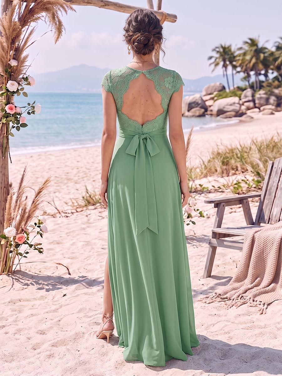 A Line Princess V Neck Sleeveless Floor Length Bridesmaid Dresses With Split Side