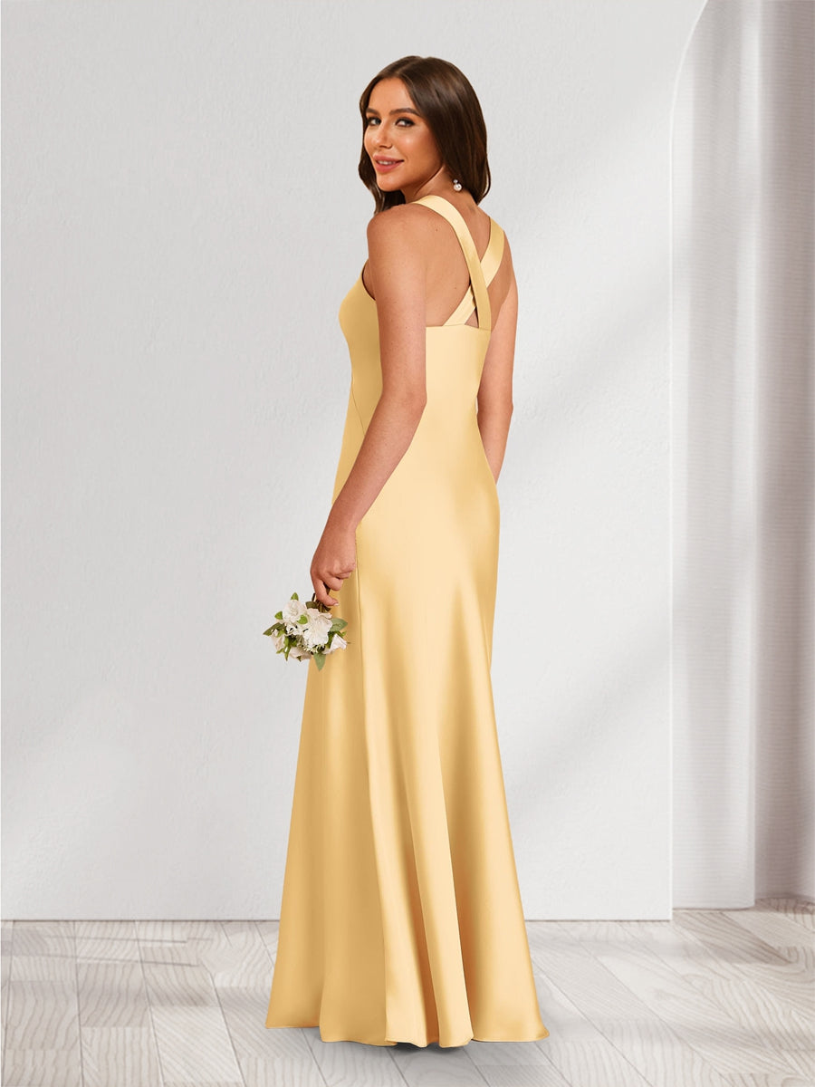 A Line Princess V Neck Sleeveless Floor Length Ruched Bridesmaid Dresses