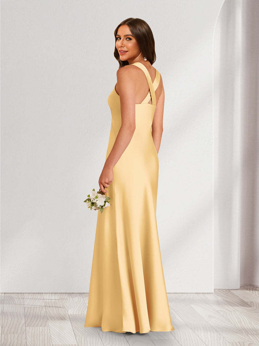 A Line Princess V Neck Sleeveless Floor Length Ruched Bridesmaid Dresses