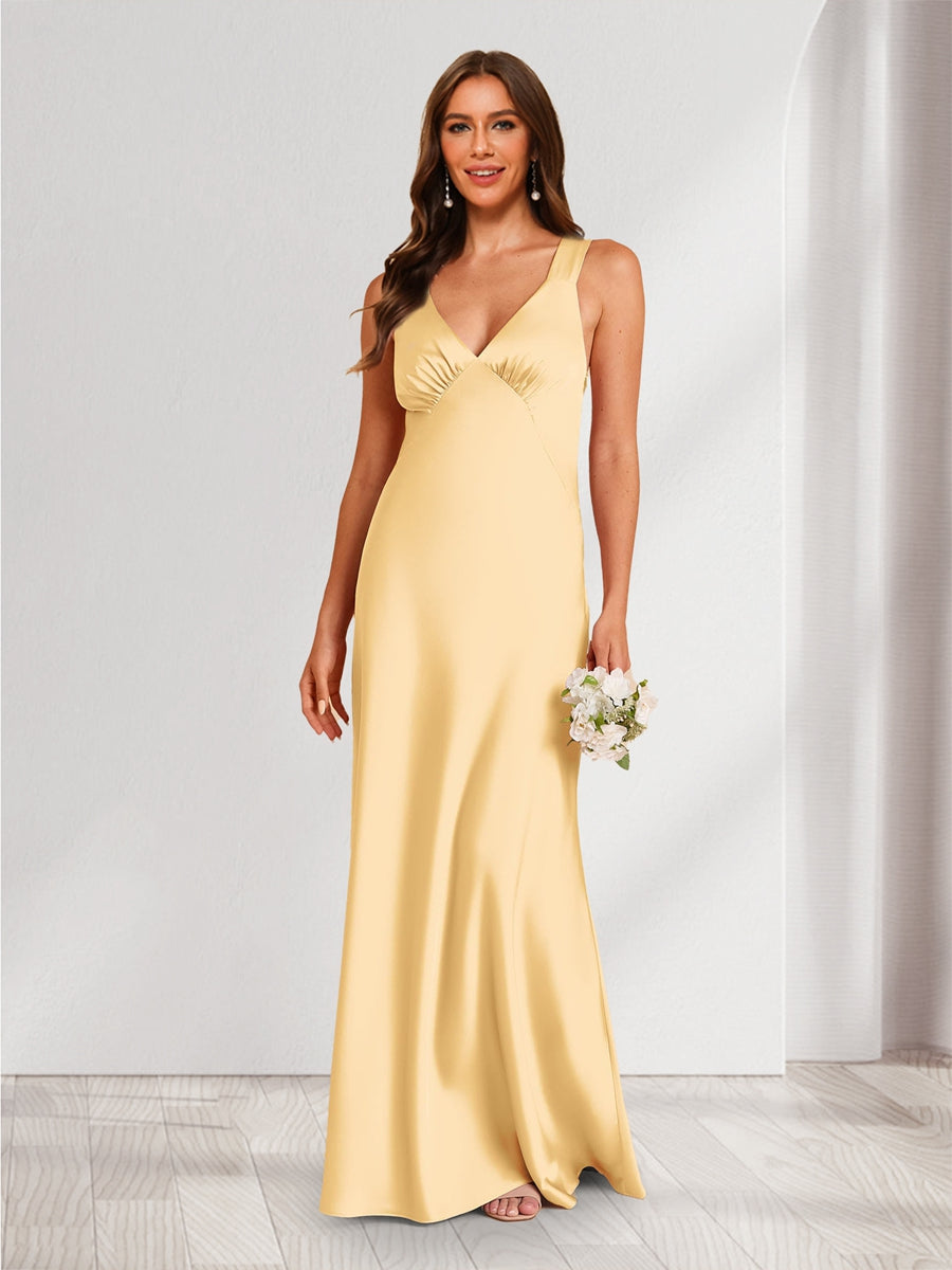 A Line Princess V Neck Sleeveless Floor Length Ruched Bridesmaid Dresses