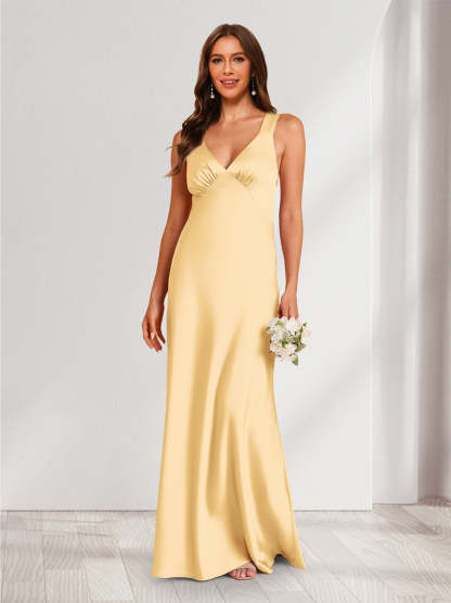 A Line Princess V Neck Sleeveless Floor Length Ruched Bridesmaid Dresses