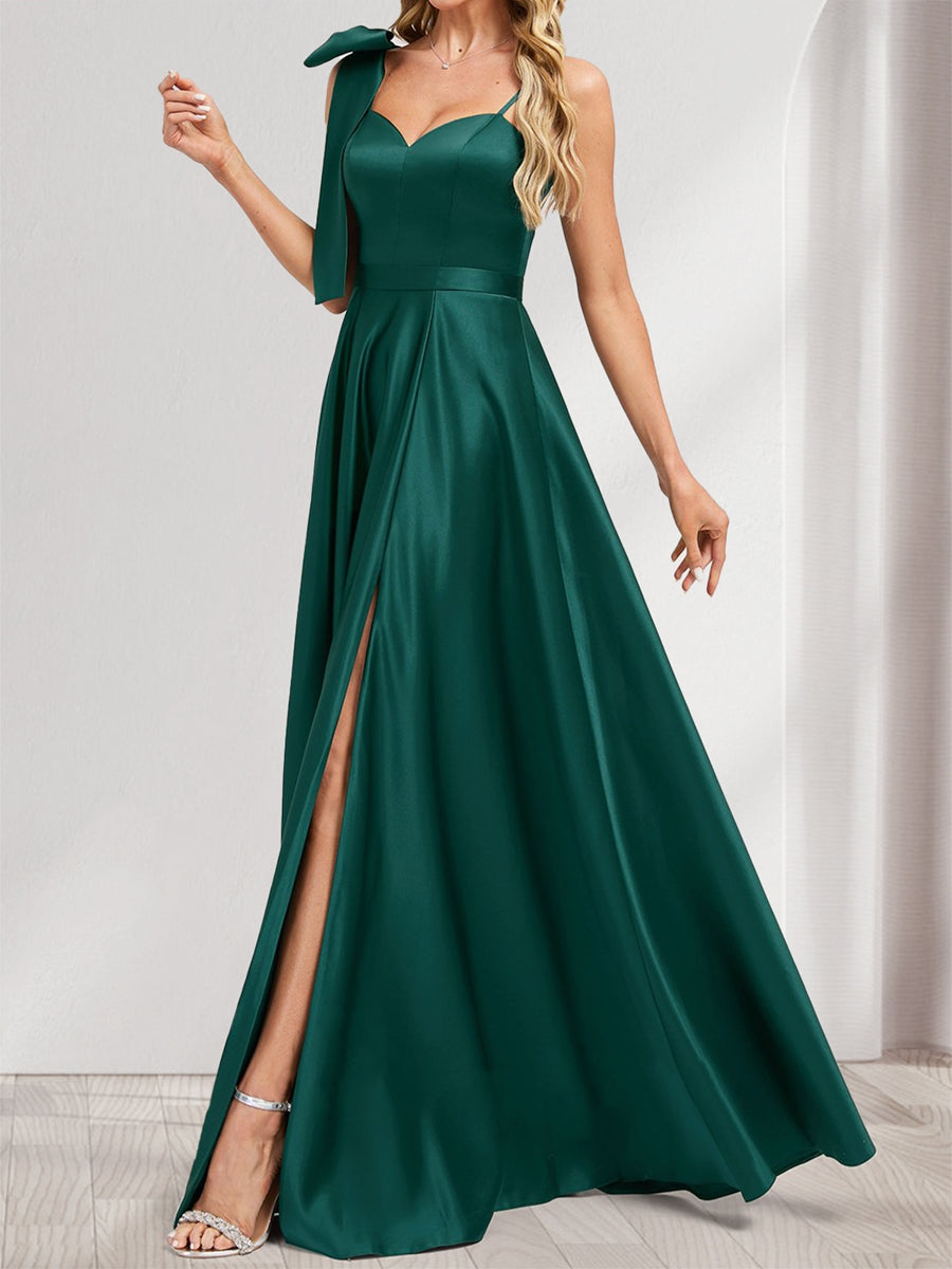 A Line Princess V Neck Sleeveless Floor Length Satin Bridesmaid Dresses With Split Side Bowknot