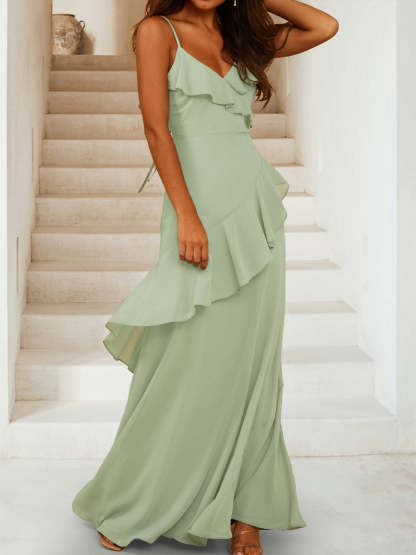A Line Princess V Neck Sleeveless Ruffles Bridesmaid Dresses