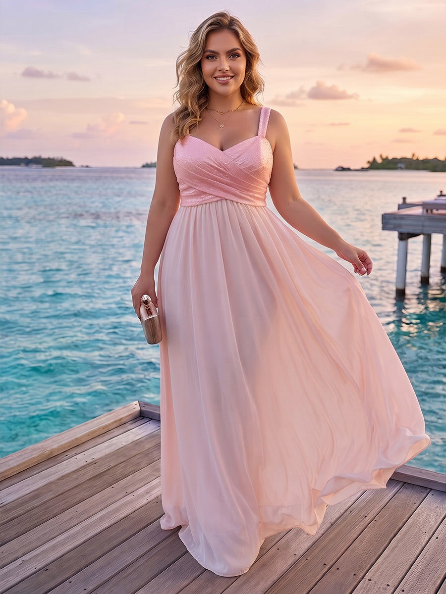 A Line Princess V Neck Sleeveless Sequins Plus Size Bridesmaid Dresses