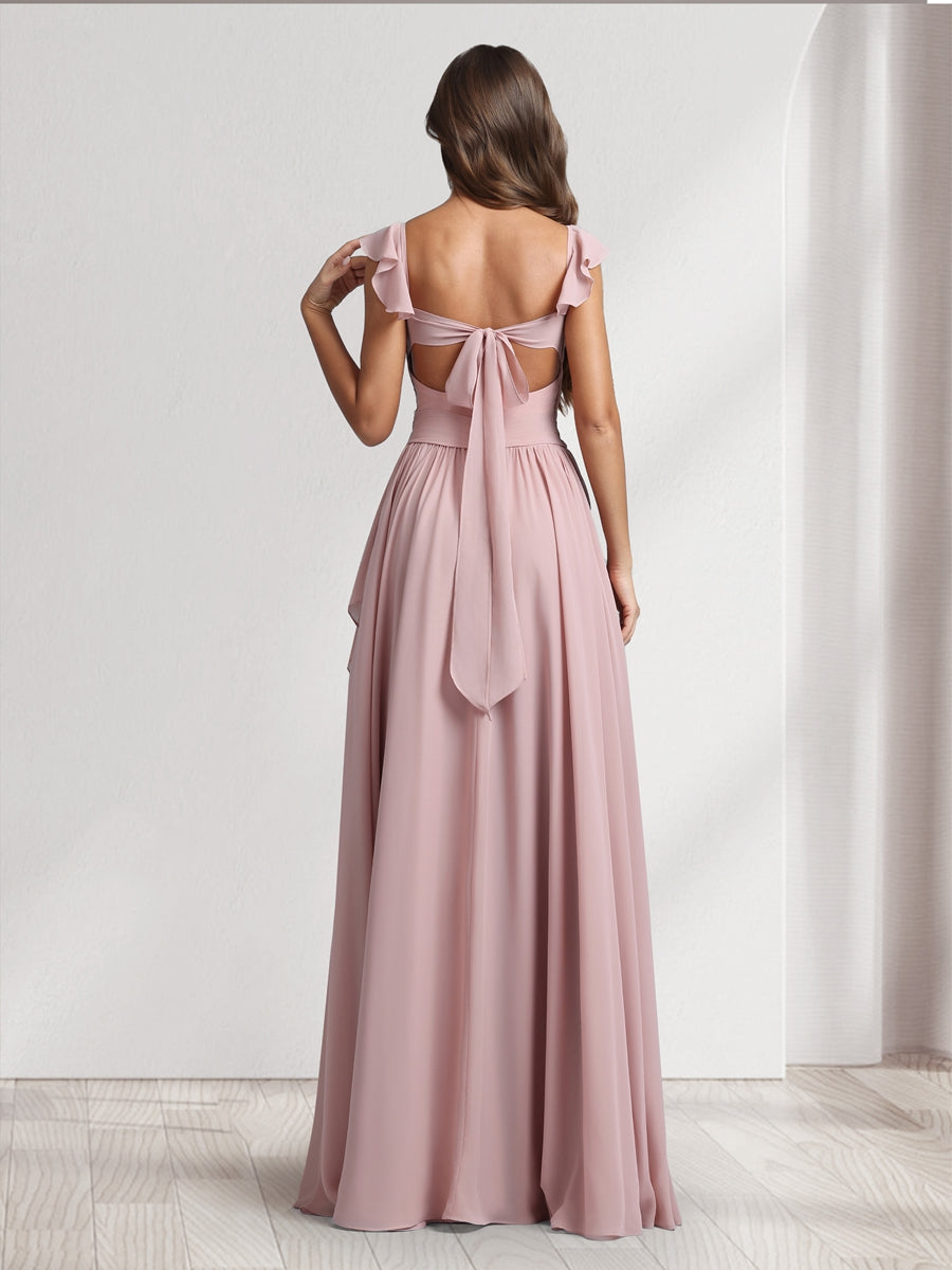 A Line Princess V Neck Spaghetti Straps Sleeveless Floor Length Bridesmaid Dresses With Ruffles Pleats