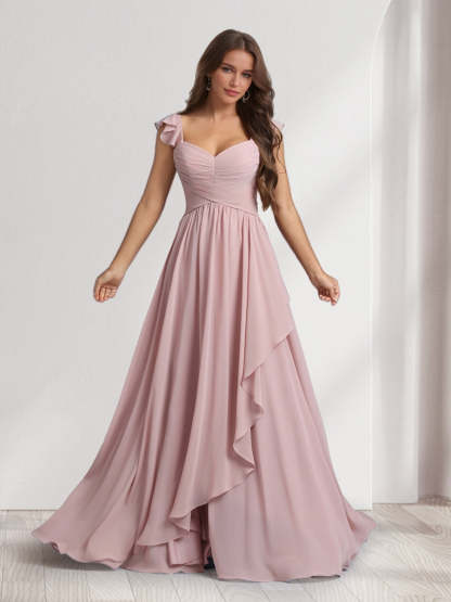 A Line Princess V Neck Spaghetti Straps Sleeveless Floor Length Bridesmaid Dresses With Ruffles Pleats