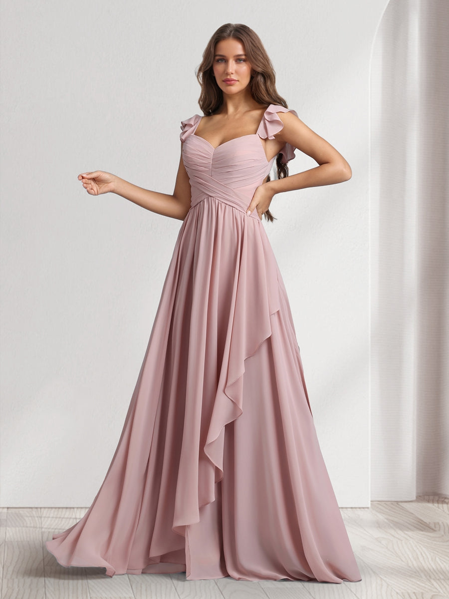 A Line Princess V Neck Spaghetti Straps Sleeveless Floor Length Bridesmaid Dresses With Ruffles Pleats
