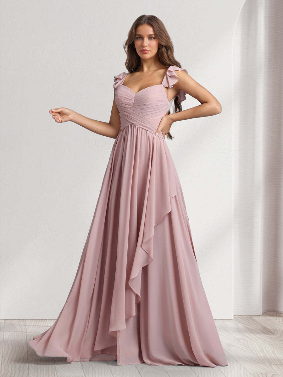 A Line Princess V Neck Spaghetti Straps Sleeveless Floor Length Bridesmaid Dresses With Ruffles Pleats
