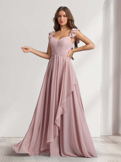 A Line Princess V Neck Spaghetti Straps Sleeveless Floor Length Bridesmaid Dresses With Ruffles Pleats