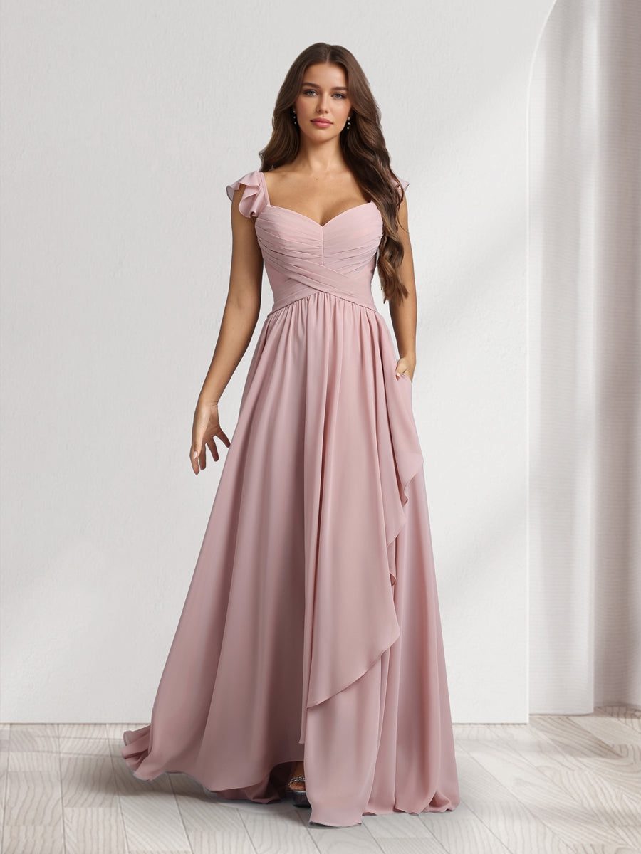 A Line Princess V Neck Spaghetti Straps Sleeveless Floor Length Bridesmaid Dresses With Ruffles Pleats